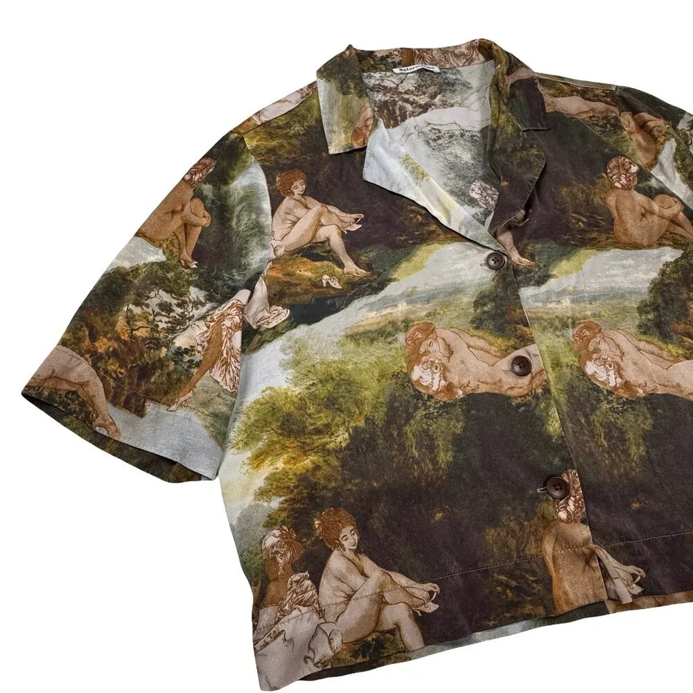 Reformation Silk Shirt Top SZ S Short Sleeve Art Print Oversized Maximalist - Picture 2 of 7